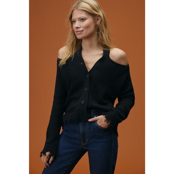 525 Distressed Open Shoulder Black Cardigan - New Large - Picture 2 of 10